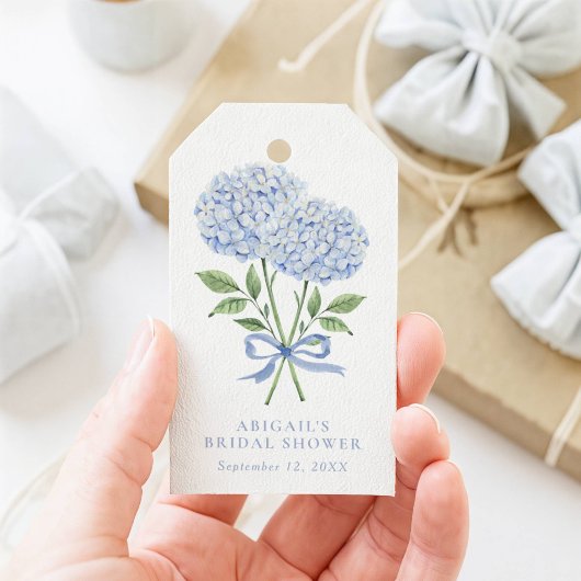 Blue Hydrangea Wasserfarbe Blume mit Bow Geschenkanhänger