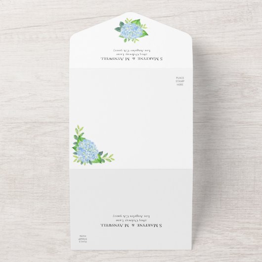 Blue Hydrangea Wasserfarbe Blumenzehen All In One Einladung (Außenbereich)