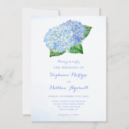 Blue Hydrangea Wasserfarbe Blumenzehen Einladung (Vorderseite)