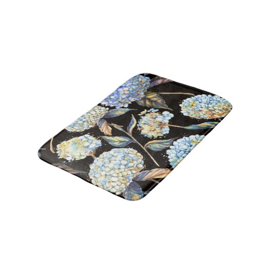 Blue Hydrangea Wasserfarbe: Dunkles, nahtloses Mus Badematte (Schrägansicht)