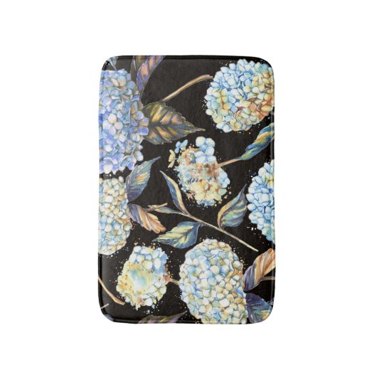 Blue Hydrangea Wasserfarbe: Dunkles, nahtloses Mus Badematte (Vorderseite Vertikal)