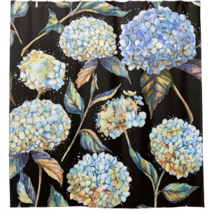Blue Hydrangea Wasserfarbe: Dunkles, nahtloses Mus Duschvorhang