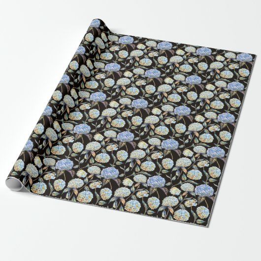 Blue Hydrangea Wasserfarbe: Dunkles, nahtloses Mus Geschenkpapier (Ungerollt)