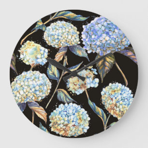 Blue Hydrangea Wasserfarbe: Dunkles, nahtloses Mus Große Wanduhr