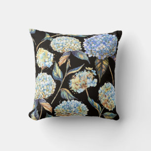 Blue Hydrangea Wasserfarbe: Dunkles, nahtloses Mus Kissen