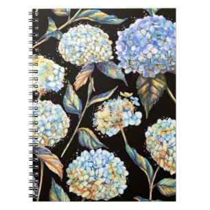 Blue Hydrangea Wasserfarbe: Dunkles, nahtloses Mus Notizblock