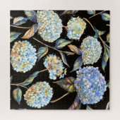 Blue Hydrangea Wasserfarbe: Dunkles, nahtloses Mus Puzzle (Horizontal)