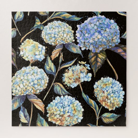 Blue Hydrangea Wasserfarbe: Dunkles, nahtloses Mus Puzzle (Vertikal)