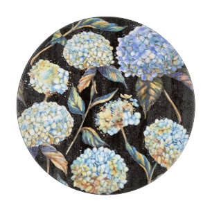 Blue Hydrangea Wasserfarbe: Dunkles, nahtloses Mus Schneidebrett