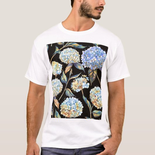 Blue Hydrangea Wasserfarbe: Dunkles, nahtloses Mus T-Shirt (Vorderseite)