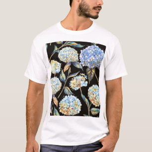 Blue Hydrangea Wasserfarbe: Dunkles, nahtloses Mus T-Shirt