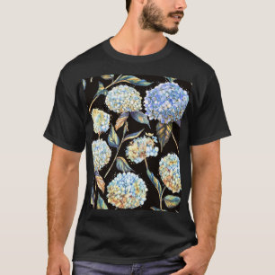 Blue Hydrangea Wasserfarbe: Dunkles, nahtloses Mus T-Shirt