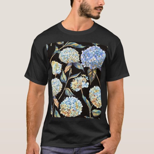 Blue Hydrangea Wasserfarbe: Dunkles, nahtloses Mus T-Shirt (Vorderseite)