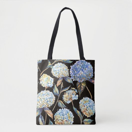 Blue Hydrangea Wasserfarbe: Dunkles, nahtloses Mus Tasche (Vorderseite)