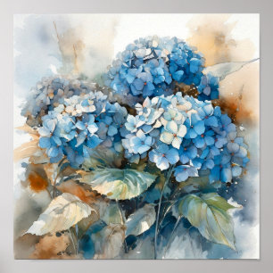 Blue Hydrangea Wasserfarbe Kunst drucken Poster