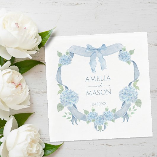 Blue Hydrangea Watercolor Crest Paper Wedding Serviette