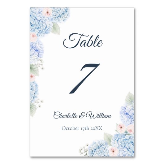 Blue Hydrangea Watercolor Floral Table Number Tischnummer (Vorderseite)