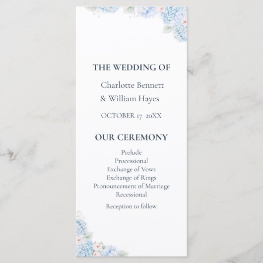 Blue Hydrangea Watercolor Floral Wedding Program Programm (Vorderseite)