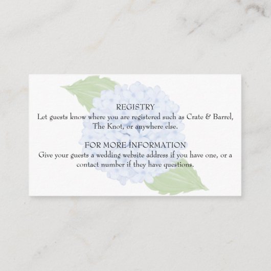 Blue Hydrangea Watercolor Hochzeitsdetails Begleitkarte (Rückseite)