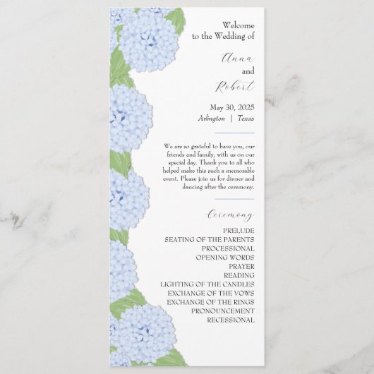 Blue Hydrangea Watercolor Hochzeitsprogramm Programm (Vorderseite)