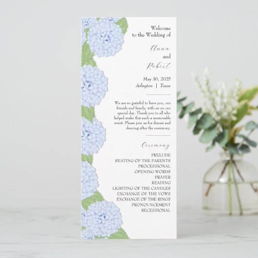 Blue Hydrangea Watercolor Hochzeitsprogramm Programm (Stehend Vorderseite)