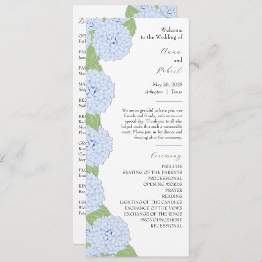 Blue Hydrangea Watercolor Hochzeitsprogramm Programm (Vorne/Hinten)