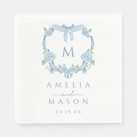 Blue Hydrangea Watercolor Monogram Crest Wedding Serviette (Vorderseite)