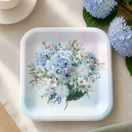Blue Hydrangea Watercolor Paper Plate Pappteller