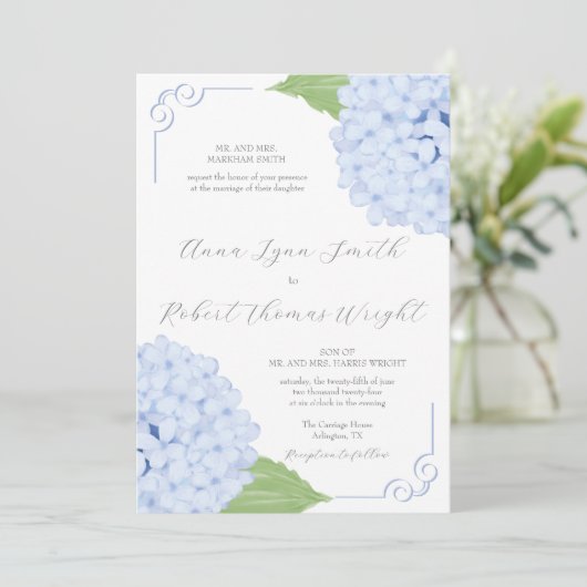 Blue Hydrangea Watercolor Script Wedding Einladung (Stehend Vorderseite)
