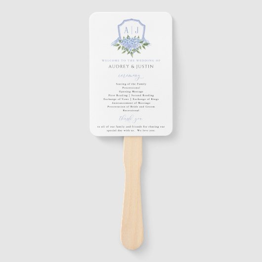 Blue Hydrangea Watercolor Wappen Wedding Program Fächer (Vorderseite)