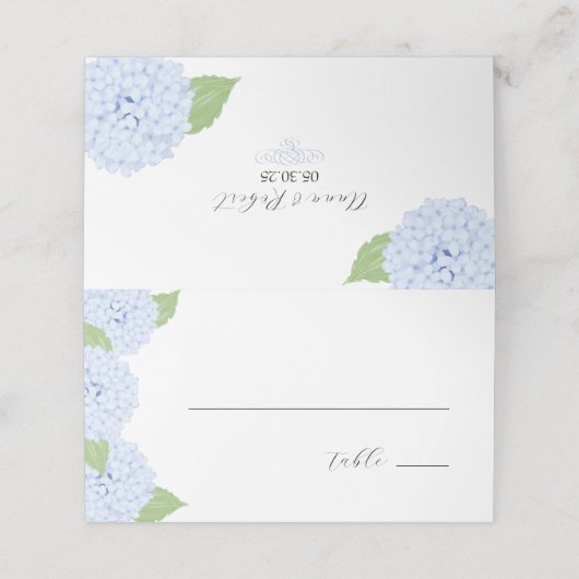 Blue Hydrangea Watercolor Wedding Platzkarte (Außenseite Aufgefaltet)