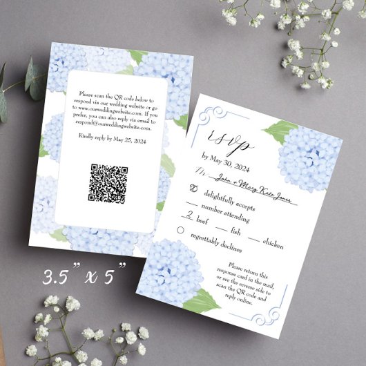 Blue Hydrangea Watercolor Wedding RSVP mit QR Code Karte