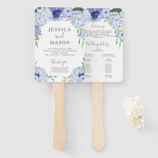 Blue Hydrangea Wedding Fan Programm Fächer (Vorne und Hinten)