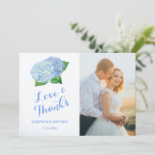 Blue Hydrangea Wedding Foto Dankeskarte (Stehend Vorderseite)