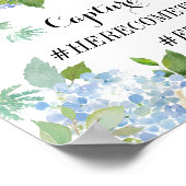 Blue Hydrangea Wedding Hashtag Sign Poster (Ecke)