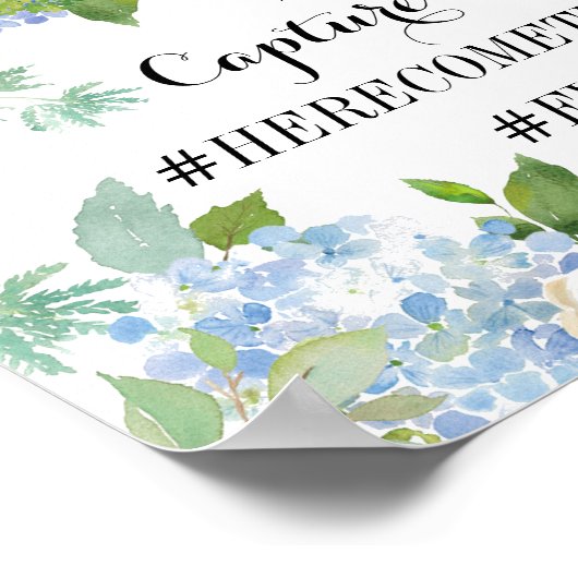Blue Hydrangea Wedding Hashtag Sign Poster (Ecke)