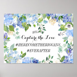 Blue Hydrangea Wedding Hashtag Sign Poster