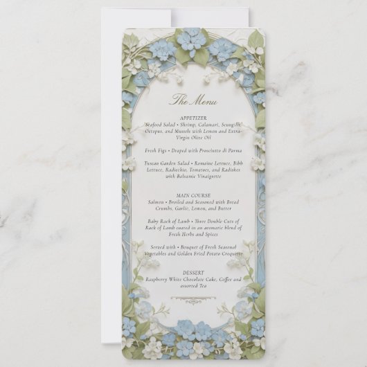 Blue Hydrangea Wedding Menu Card Einladung (Vorderseite)