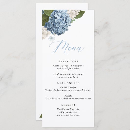Blue Hydrangea Wedding Menu Menükarte (Vorne/Hinten)