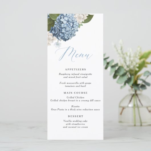 Blue Hydrangea Wedding Menu Menükarte (Stehend Vorderseite)