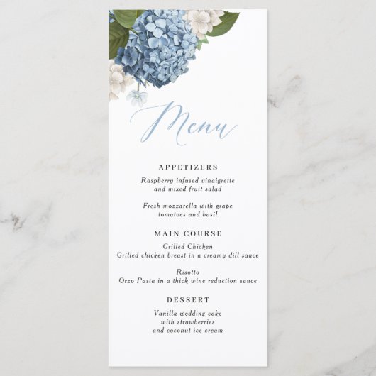 Blue Hydrangea Wedding Menu Menükarte (Vorderseite)