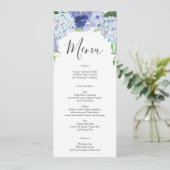 Blue Hydrangea Wedding Menu oder Brautparty Einladung (Stehend Vorderseite)