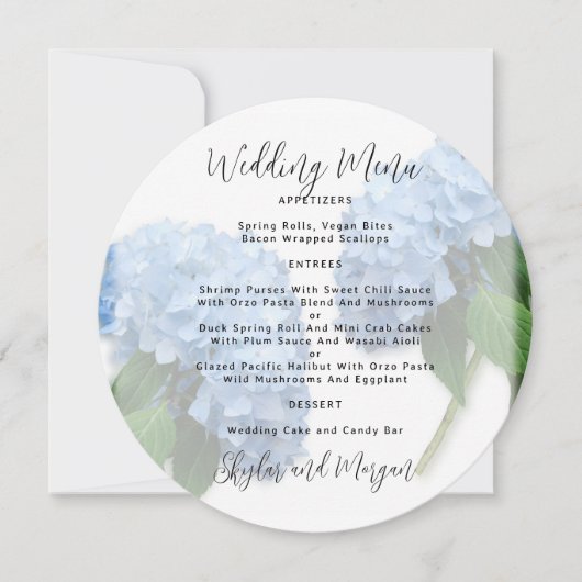 Blue Hydrangea Wedding Menu Round Einladung (Vorderseite)