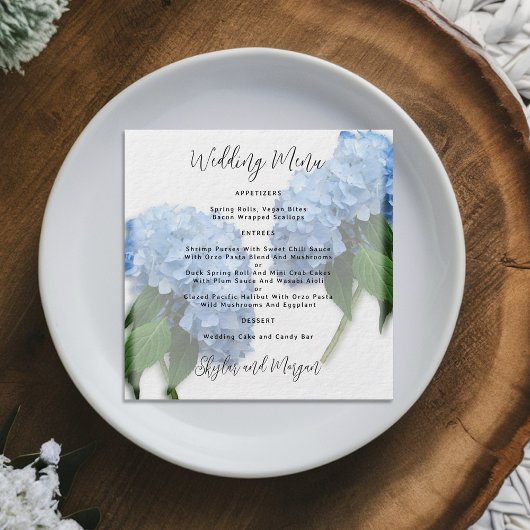 Blue Hydrangea Wedding Menu Round Einladung