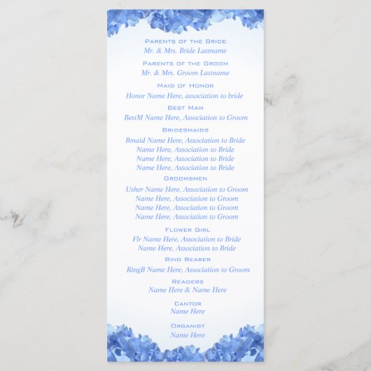 Blue Hydrangea Wedding Program Programm (Rückseite)