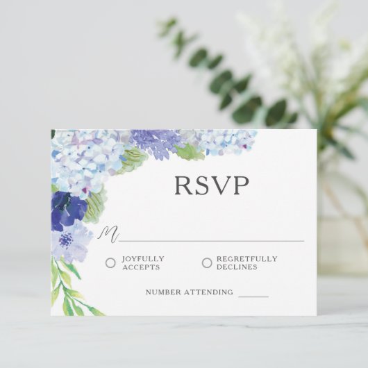 Blue Hydrangea Wedding RSVP Card Save The Date (Stehend Vorderseite)