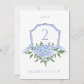 Blue Hydrangea Wedding Wappen Table Card Einladung (Vorderseite)