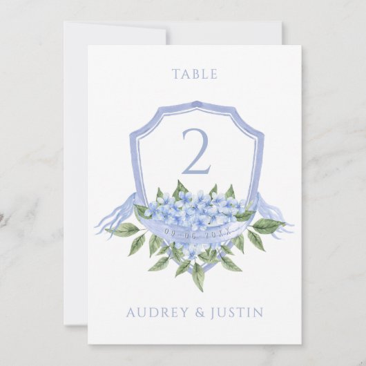 Blue Hydrangea Wedding Wappen Table Card Einladung (Vorderseite)