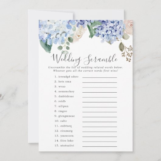 Blue Hydrangea Wedding Word Scramble Game Card Einladung (Vorderseite)