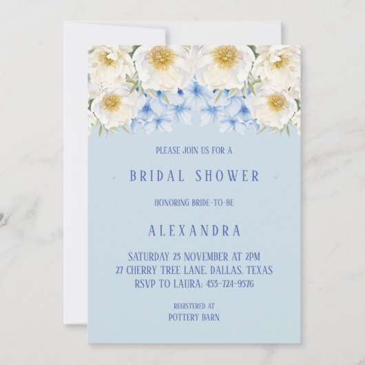 Blue Hydrangea Weißer Blumengarten Brautparty Einladung (Vorderseite)